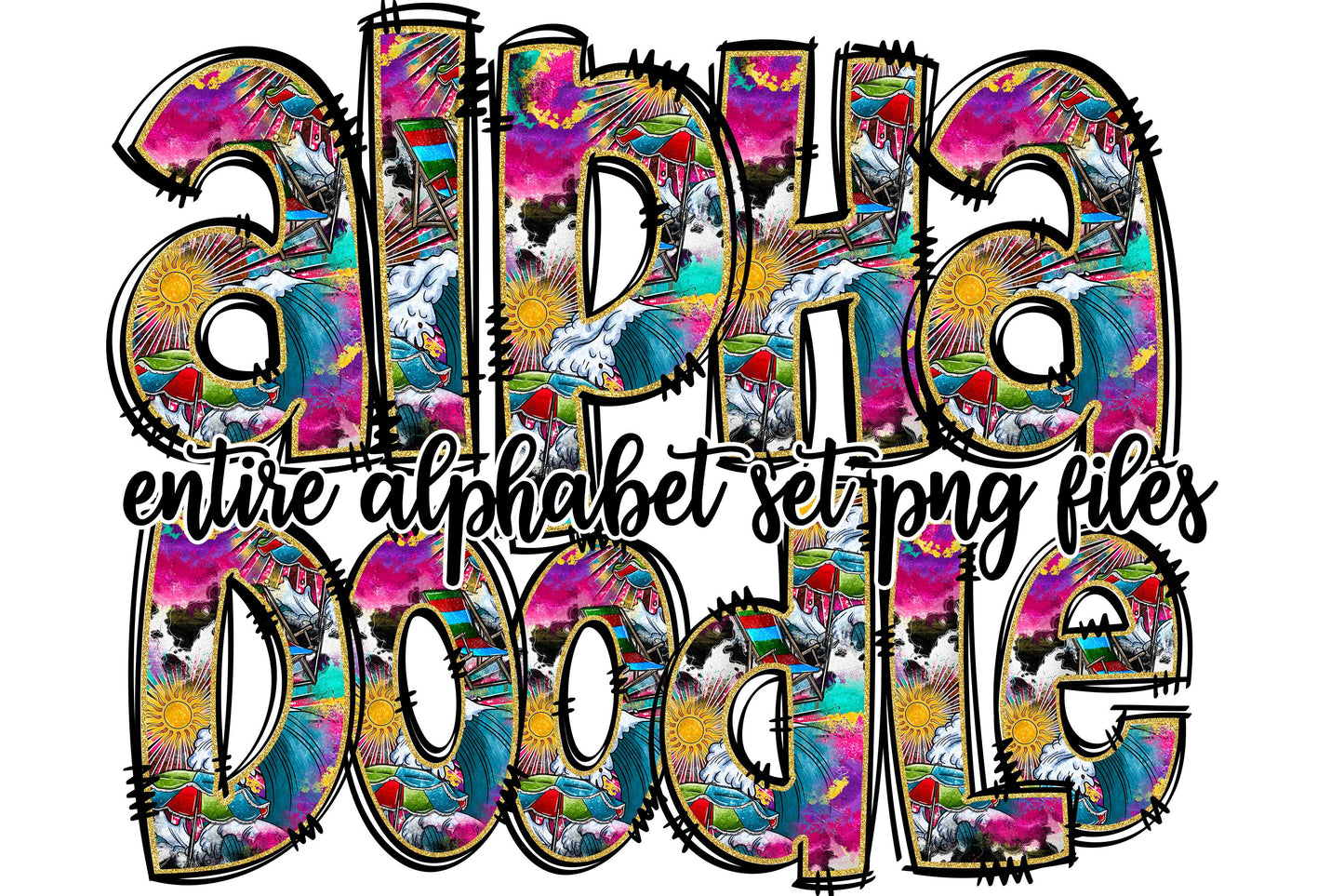 Summer Alphabet Letters PNG Bundle, Beach Tie Dye Doodle Letters, Hand Drawn Alphabet Doodle, Sublimation Alpha Set Designs PNG