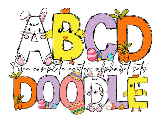 Easter Alphabet Letters PNG Bundle, Easter Eggs, Spring Floral, Easter Bunny, Hand Drawn Doodle, Carrot Sublimation Alpha Set Designs PNG