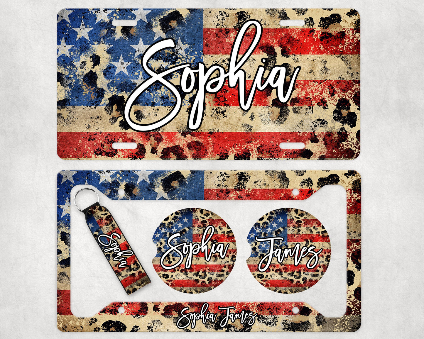 Rustic Leopard USA Add Your Name Car Sublimation Designs, Car Coaster Bundle PNG, Licence Plate Holder Frames, Key Fob Wristlet Keychain