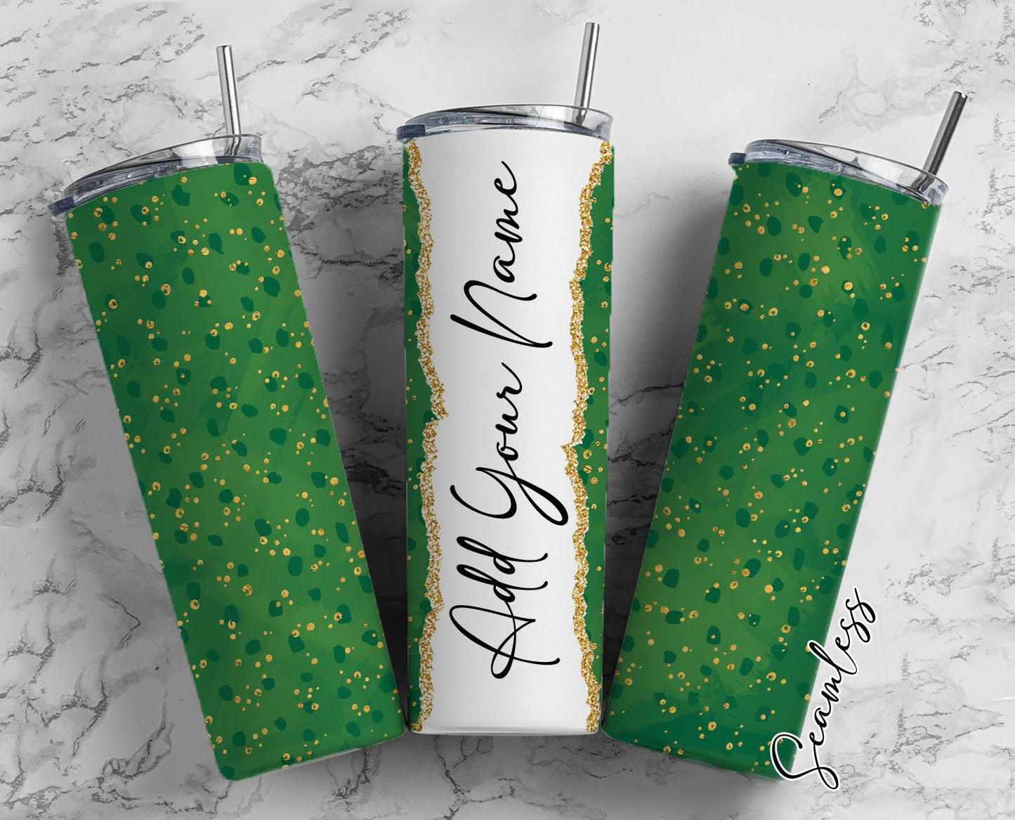 Gold Dots On Green Background Add Your Own Name, 20oz Sublimation Tumbler Designs, Skinny Tumbler Wraps Template - 186