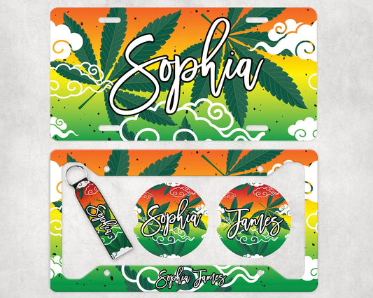 Weed Add Your Name Car Sublimation Designs, Car Coaster Bundle PNG, Licence Plate Holder Frames, Key Fob Wristlet Keychain Rasta Marijuana