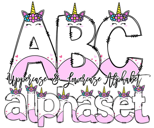 Unicor Alphabet Letters PNG Bundle, Unicorn Doodle Letters, Hand Drawn Alphabet Doodle, Sublimation Girls Alpha Set Designs PNG