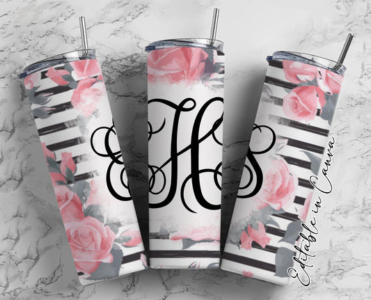 EDITABLE Striped Floral Monogram 20oz Straight Tumbler Wrap Designs, Make Your Own Custom Peronalized Design, Flowers Easy Canva Tempalte