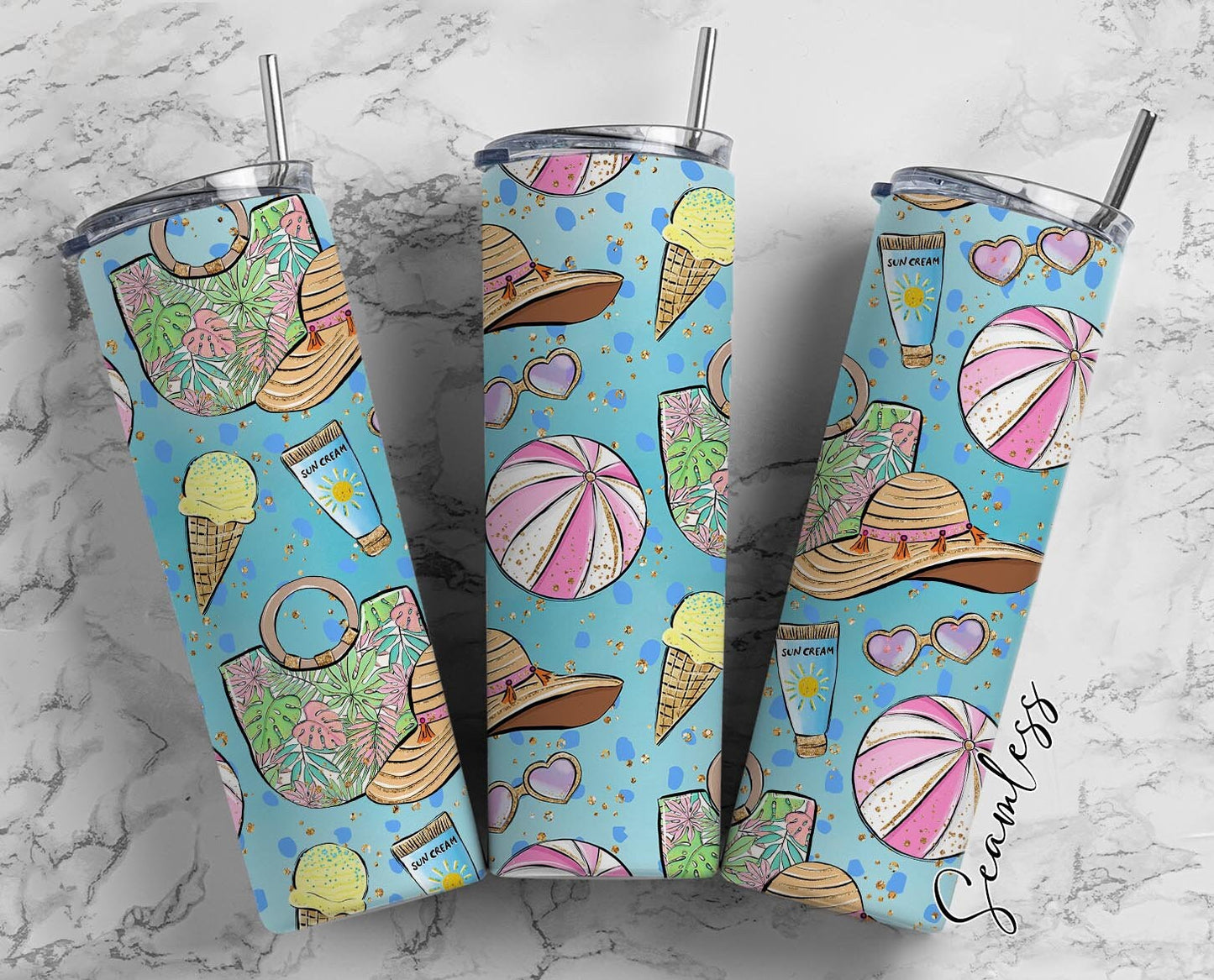 Summer Vacation, Beach Summer 20oz Tumbler Wrap, Seamless Skinny Tumbler, Sublimation Design PNG - 1291