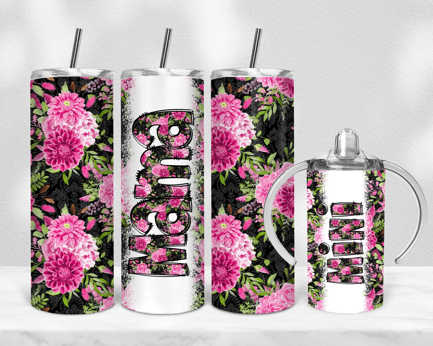 Pink FLoral Seamless Mama Mini Bundle, 12 oz sippy cup, 20 oz tumbler, mama and me png, mini sippy cup, Mom Daughter Sublimation Tumbler