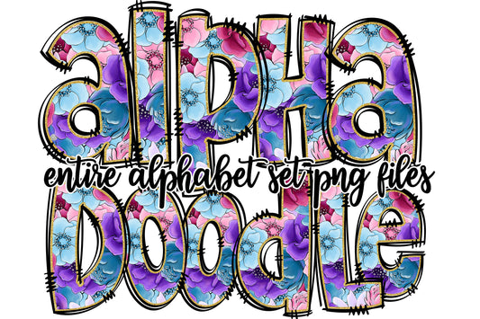 Floral Alphabet Letters PNG Bundle, Pink Purple Blue Horse Doodle Letters, Hand Drawn Alphabet Doodle, Sublimation Alpha Set Designs PNG