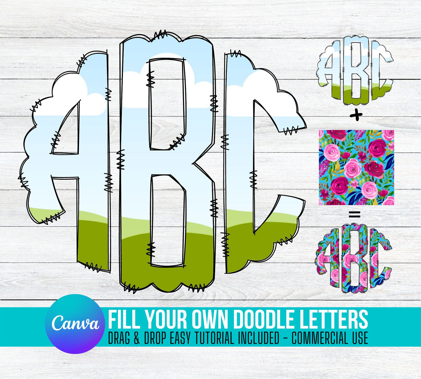 Fill your own DOODLE Monogram Letters on CANVA with Commercial Use Allowed Drag and Drop Alphaset Alphabet Letters Editable Canva Frame