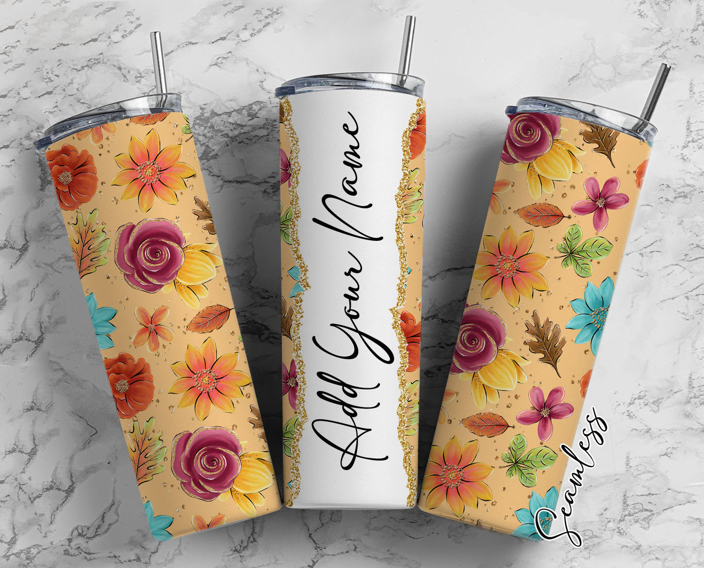 Flowers Vintage Pattern Add Your Own Name, 20oz Sublimation Tumbler Designs, Skinny Tumbler Wraps Template - 634