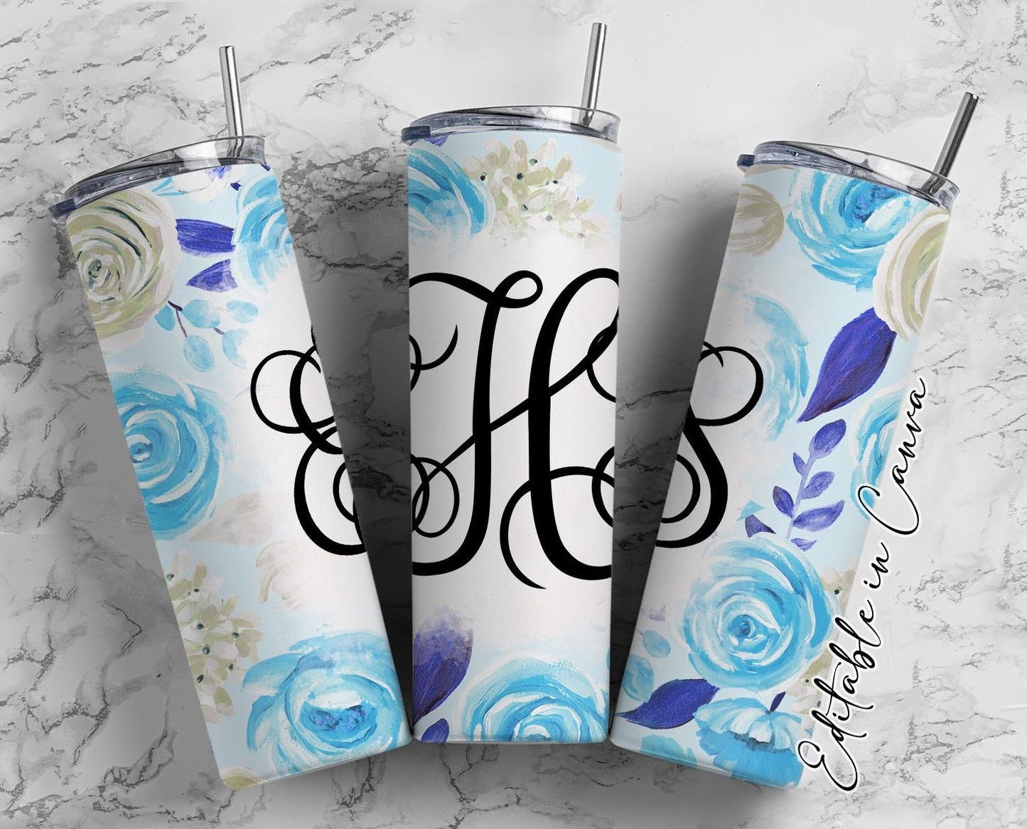 EDITABLE Blue Flowers Monogram 20oz Straight Tumbler Wrap Designs, Make Your Own Custom Peronalized Design, Watercolor Floral Canva Tempalte