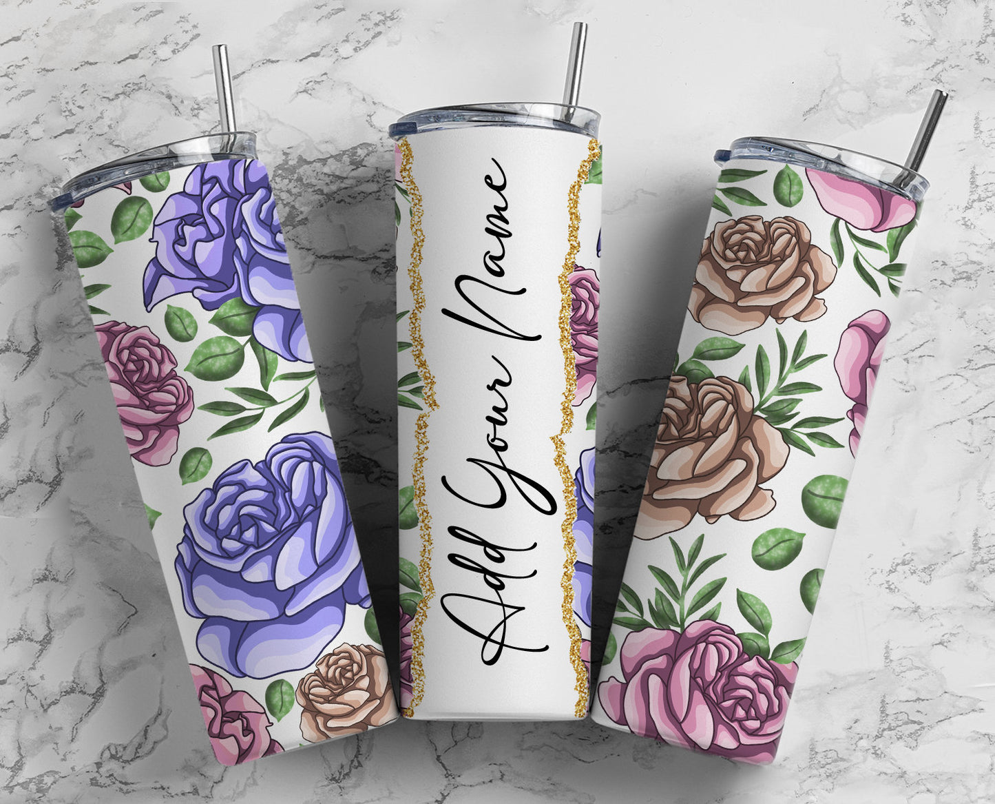 Hand Drawn Flowers Add Your Own Text Name Monogram Sublimation Tumbler Designs Wrap - 20oz Skinny Tumbler Wraps Templates - PNG 45 PATTERN