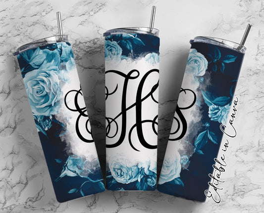 EDITABLE Blue Floral Monogram 20oz Straight Tumbler Wrap Designs, Make Your Own Custom Peronalized Design, Easy Canva Tempalte