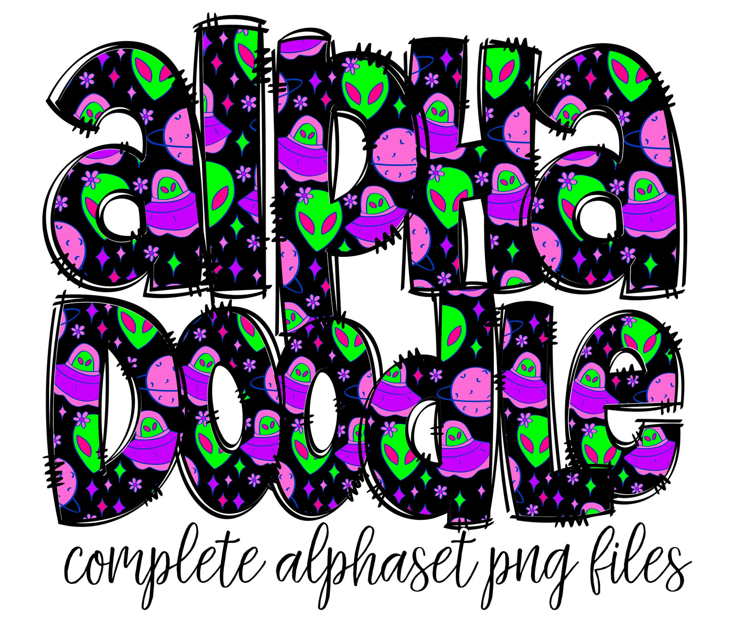 Alien Retro Neon Doodle letters, Hand Drawn Doodle Alpha Bundle, Sublimation Font PNG, Patterned Numbers & Alphabet,