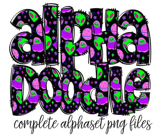 Alien Retro Neon Doodle letters, Hand Drawn Doodle Alpha Bundle, Sublimation Font PNG, Patterned Numbers & Alphabet,