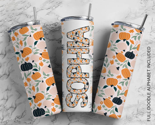 Pumpkin Doodle Letters with Matching Tumbler Template, Doodle Alphabet Font PNG, 20 oz Tumbler, Sublimation, Waterslide Designs