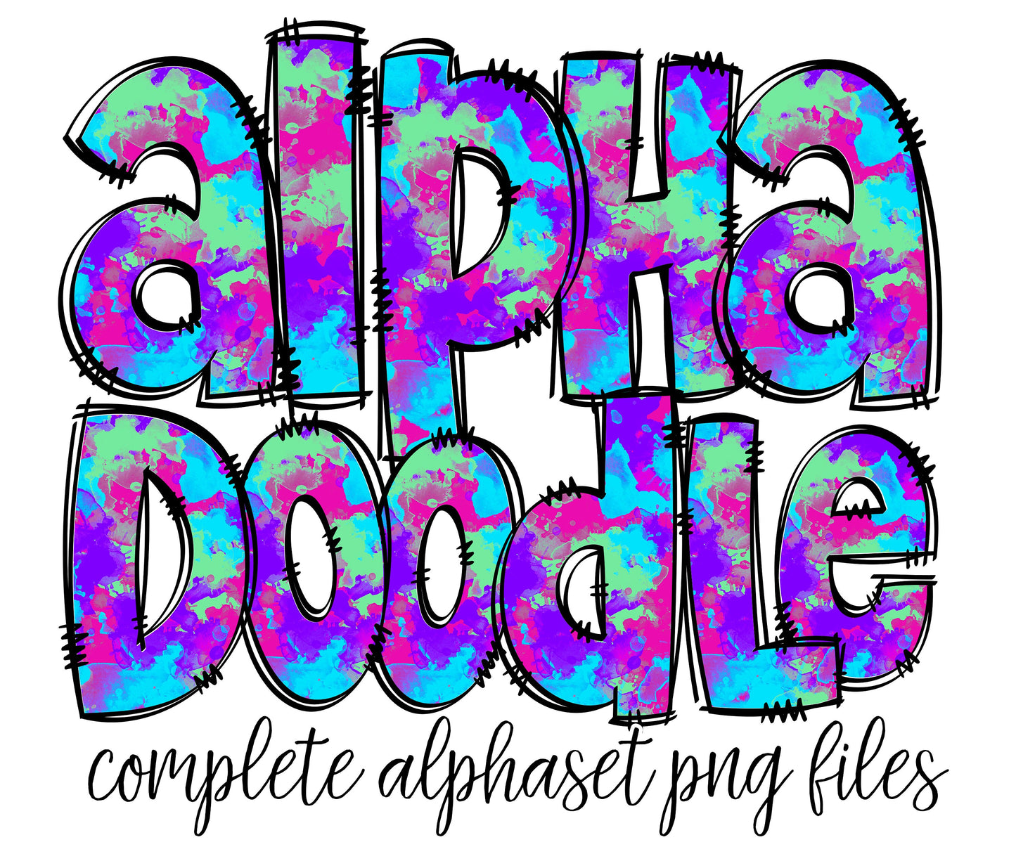 Bright Neon Purple Turquoise Doodle letters, Hand Drawn Doodle Alpha Bundle, Sublimation Font PNG, Patterned Numbers & Alphabet, 65 PATTERN