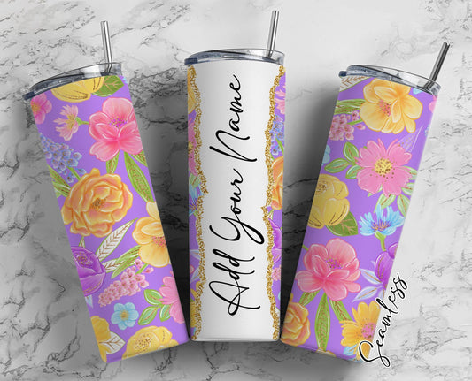 Watercolor Floral, Flower Pattern Add Your Own Name, 20oz Sublimation Tumbler Designs, Skinny Tumbler Wraps Template - 271