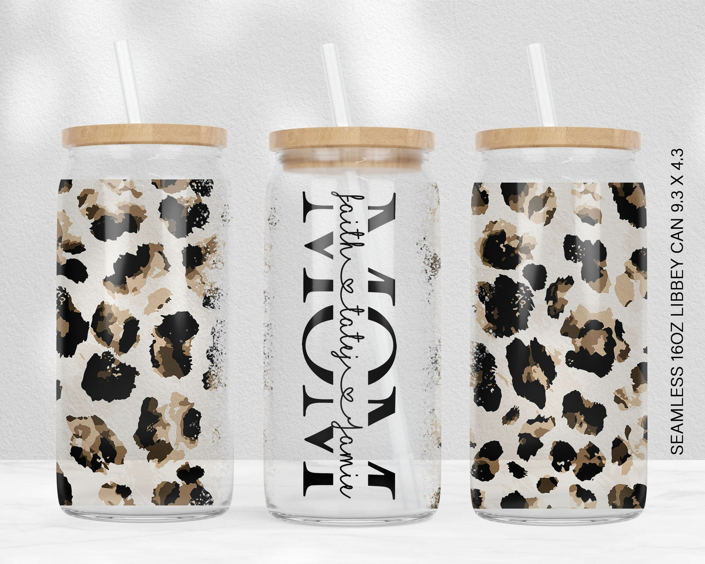 Leopard Print 16oz Libbey Glass Can Tumbler Seamless, 16oz Glass Can Wrap, Sublimation Designs, Mothers Day, Can Template Designs PNG