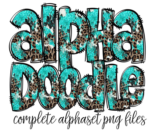 Turquoise Western Alphabet Letters PNG Bundle, Country Leopard Print Doodle Letters, Hand Drawn Alphabet Doodle, Alpha Set Designs PNG