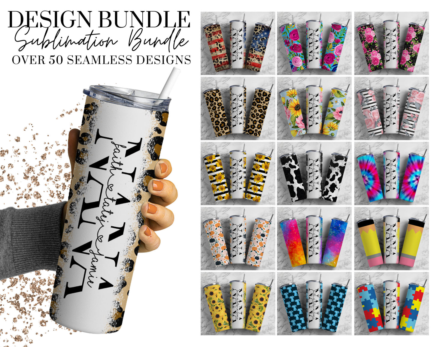 50+ NANA Split Seamless Mega Bundle, 20oz Sublimation Tumbler Design Bundle Straight Tumbler, Nanny Nanna Nan Tumbler, Add Your Own Name PNG