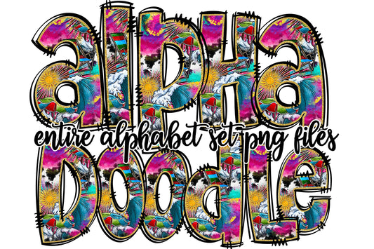 Summer Tie Dye Alphabet Letters PNG Bundle, Beach Waves, Hand Drawn Doodle, Sublimation Alpha Set Designs PNG