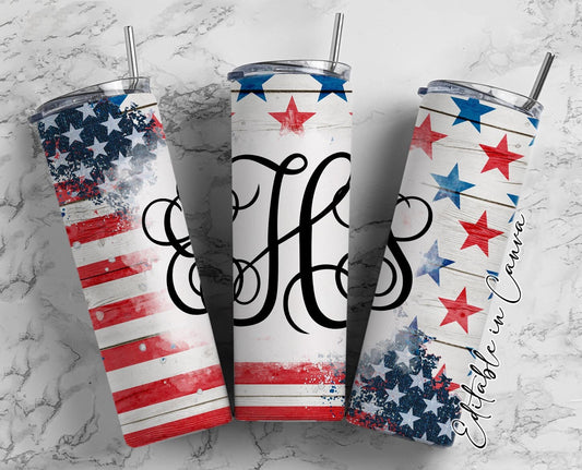 EDITABLE US Flag Monogram 20oz Straight Tumbler Wrap Designs, Make Your Own Custom Peronalized Design, Easy Canva Tempalte