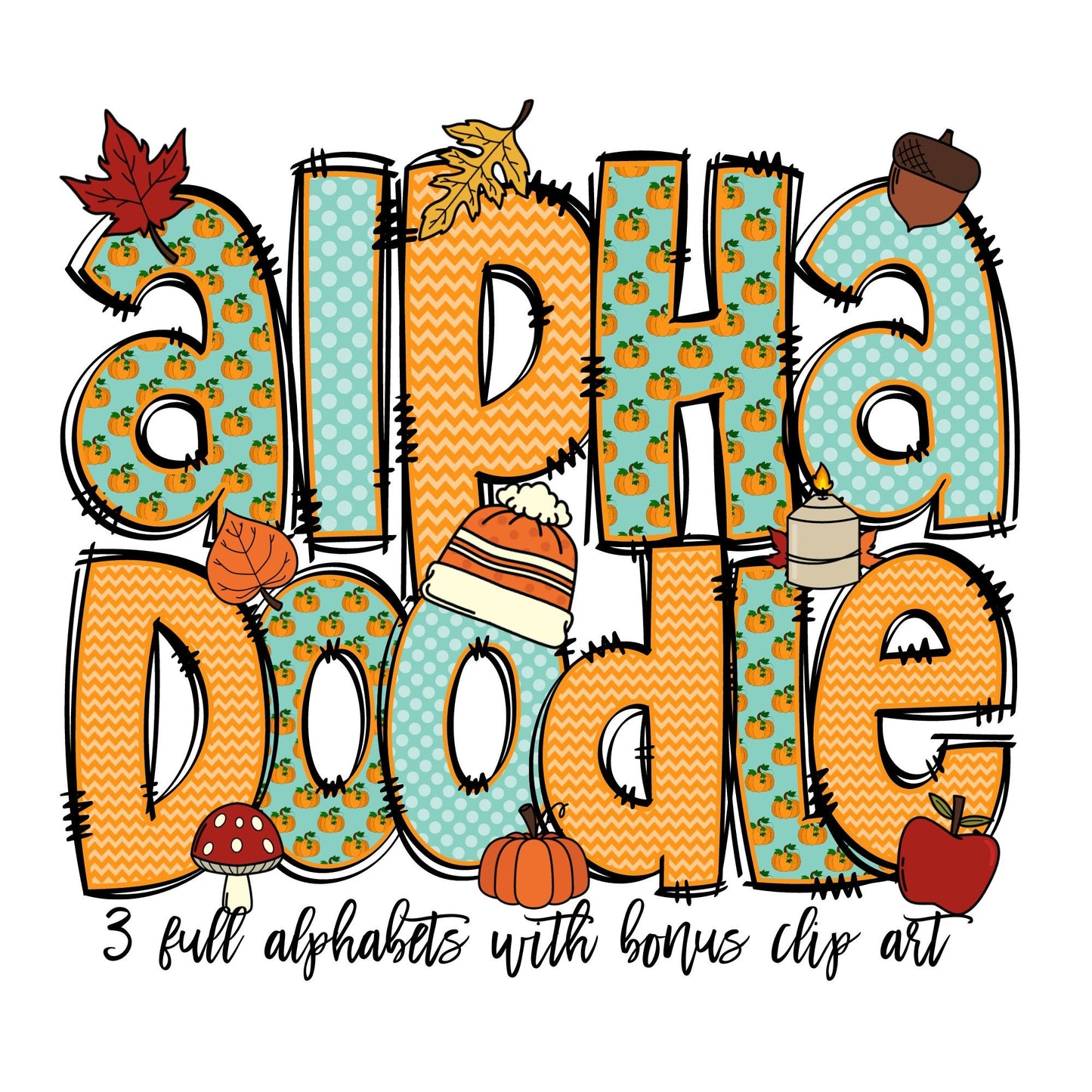 Fall Doodle letters with Clip Art, Hand Drawn Doodle Alpha Bundle, Autumn Leaves Pumpkin Sublimation Font PNG, Patterned Numbers Alphabet,