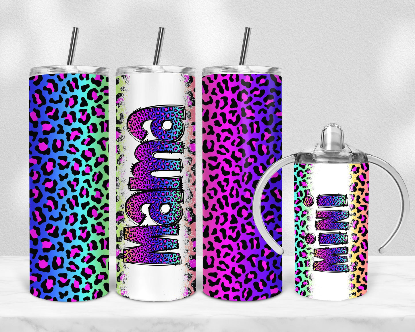 Neon Leopard Seamless Mama Mini Bundle, 12 oz sippy cup, 20 oz tumbler, mama and me png, mini sippy cup, Mom Daughter Sublimation Tumbler