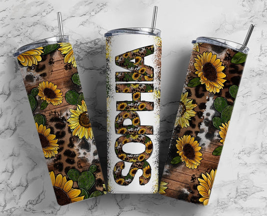 Sunflower Cow Tumbler + Doodle Letter Set, Add Your Own Name, Moto Tumbler Design Seamless Country Sublimation Designs, Straight 20oz PNG