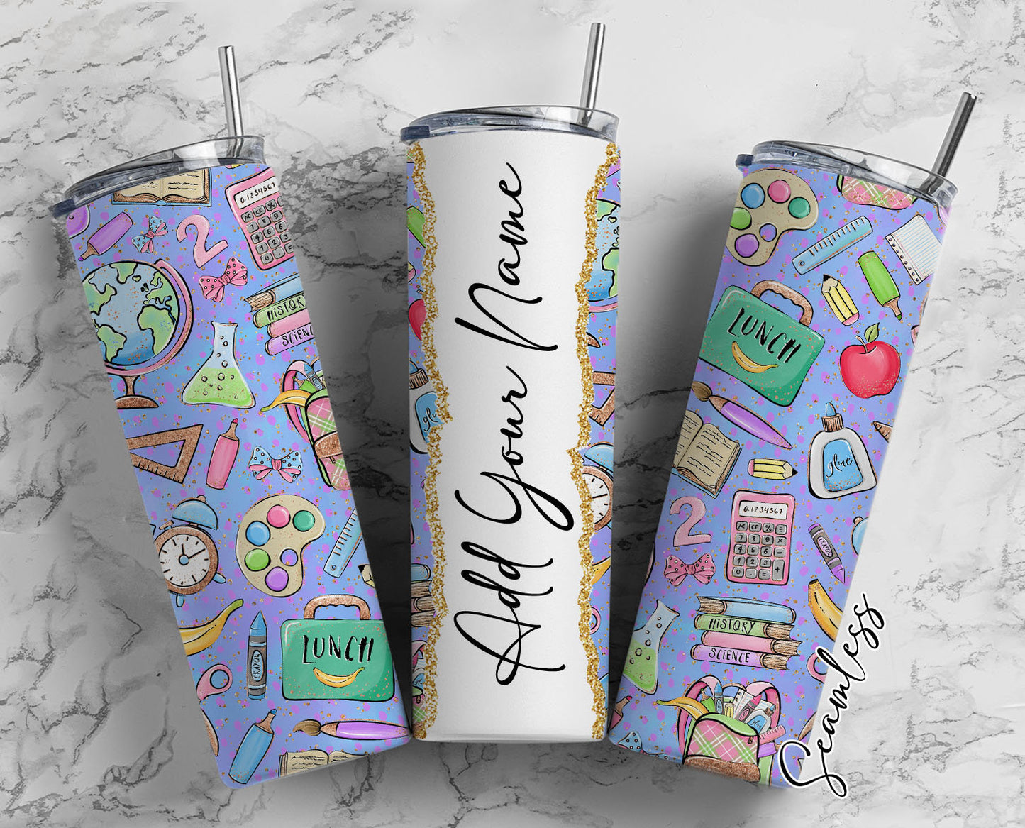 School Things Seamless Add Your Own Name, 20oz Sublimation Tumbler Designs, Skinny Tumbler Wraps Template - 570