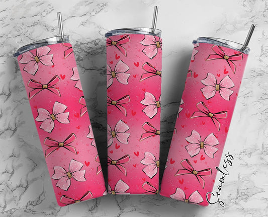 Pink Ribbon Bow 20oz Tumbler Wrap, Seamless Skinny Tumbler, Sublimation Design PNG - 1838