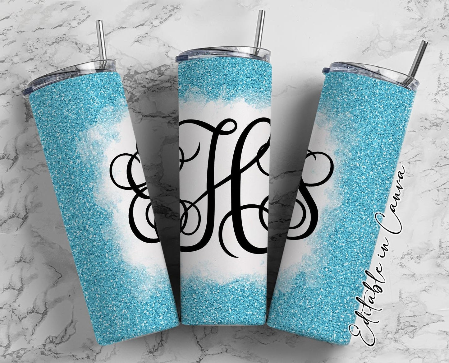 EDITABLE Blue Monogram 20oz Straight Tumbler Wrap Designs, Make Your Own Custom Peronalized Design, Glitter Easy Canva Tempalte