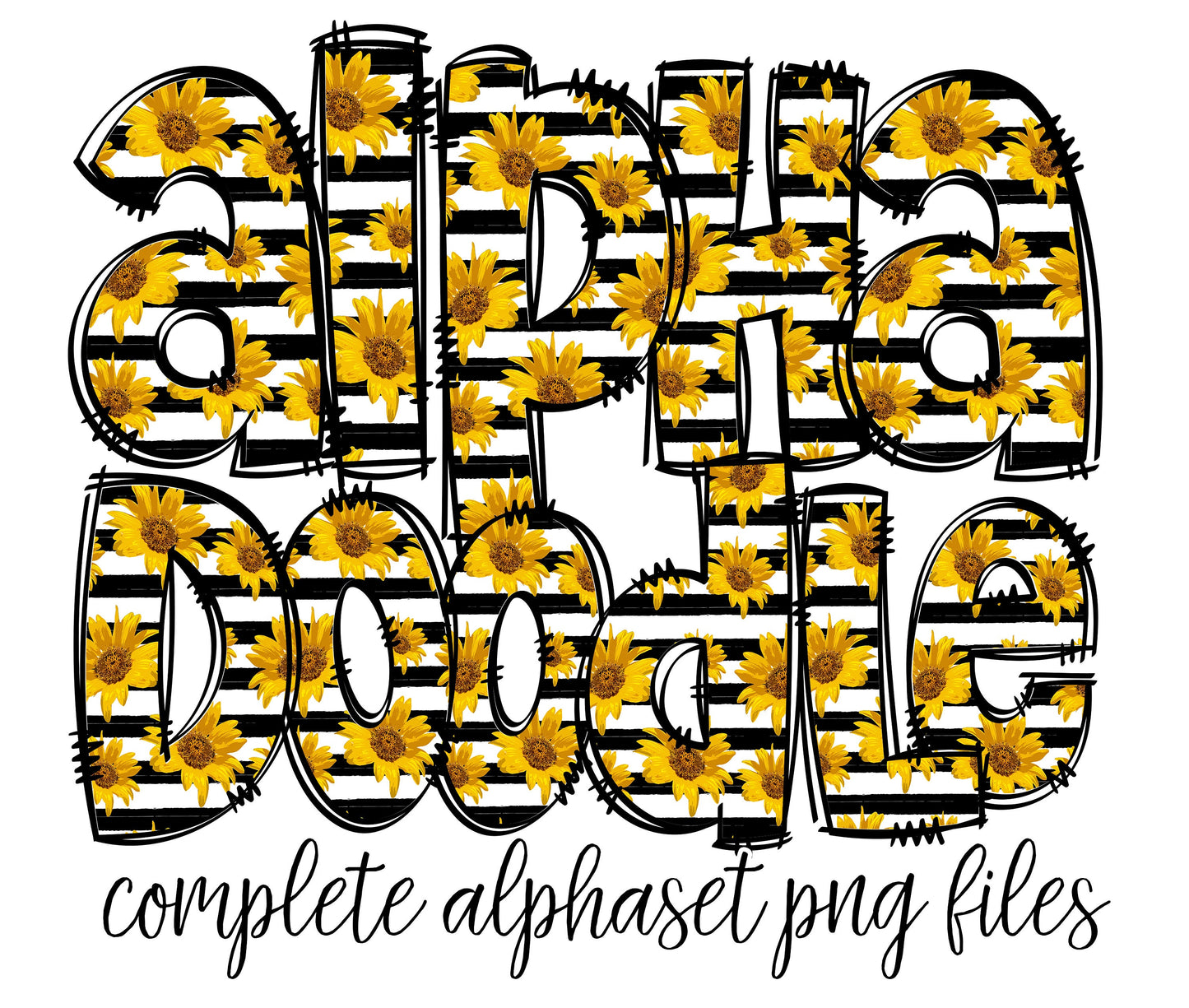 Sunflower Striped Doodle letters, Hand Drawn Doodle Alpha Bundle, Sublimation Font PNG, Patterned Numbers & Alphabet,