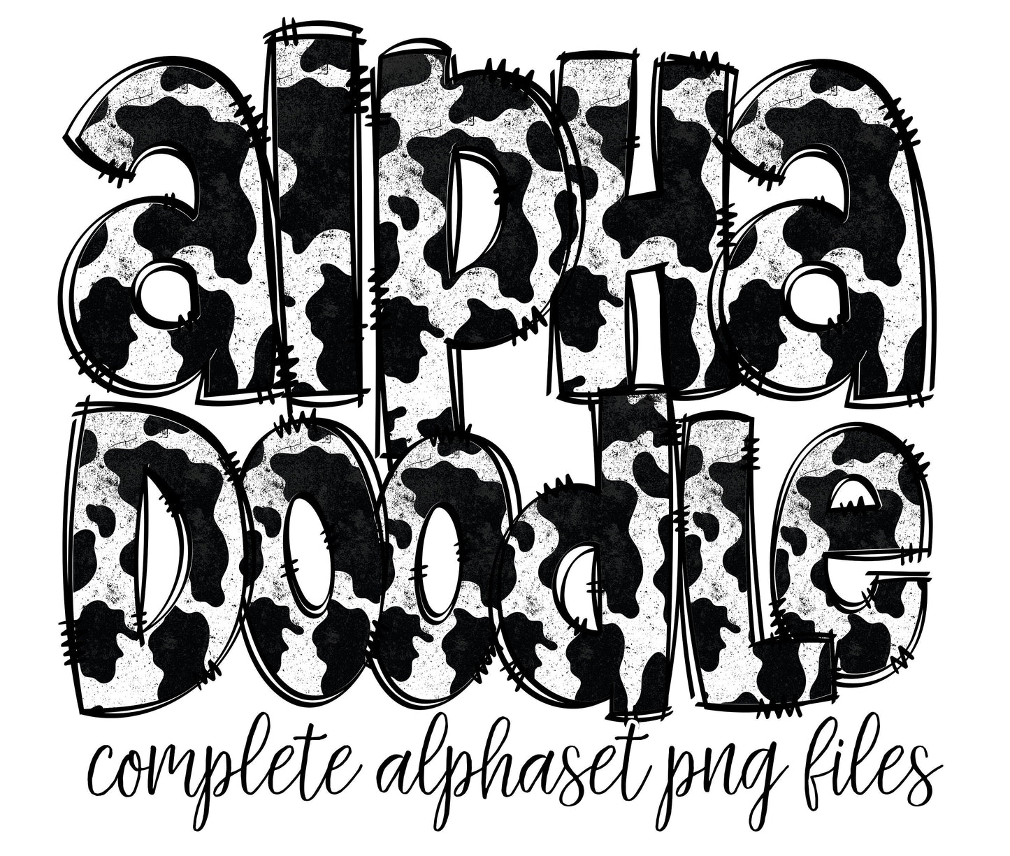 Cow Hide Doodle Letters, Cow Print PNG Doodle letters, Hand Drawn Doodle Alpha Bundle, Sublimation Font PNG, Patterned Numbers & Alphabet