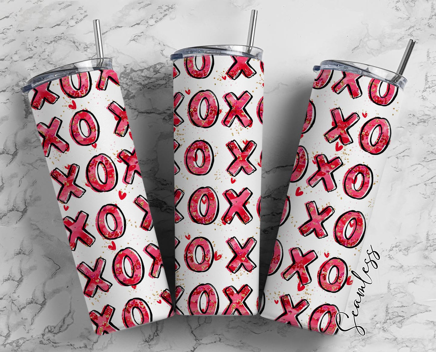 XOXO Seamless, Hugs And Kisses, Valentine&#39;s Day, Hearts Day 20oz Tumbler Wrap, Seamless Skinny Tumbler, Sublimation Design PNG - 1732