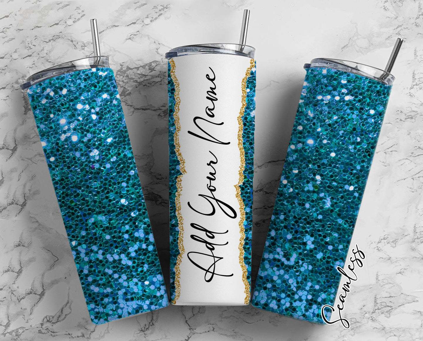 Blue Glitter Add Your Own Name, 20oz Sublimation Tumbler Designs, Skinny Tumbler Wraps Template - 31 PATTERN