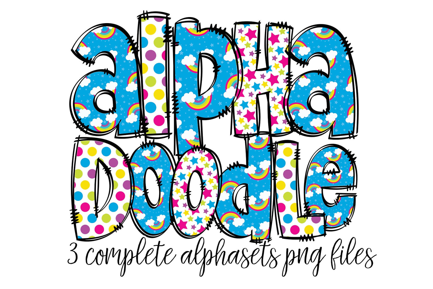 Bright Rainbow Alphabet Letters PNG Bundle, Unicorn Doodle Letters, Hand Drawn Alphabet Doodle, Sublimation Girls Alpha Set Designs PNG