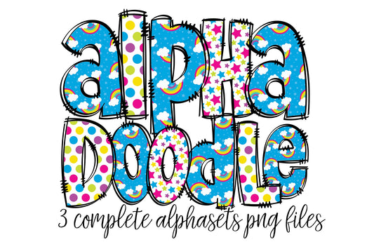 Bright Rainbow Alphabet Letters PNG Bundle, Unicorn Doodle Letters, Hand Drawn Alphabet Doodle, Sublimation Girls Alpha Set Designs PNG