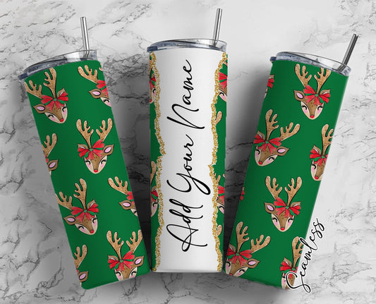 Reindeer On Green Background Add Your Own Name, 20oz Sublimation Tumbler Designs, Skinny Tumbler Wraps Template - 1973