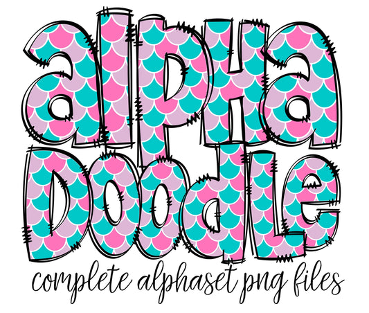 Mermaid Doodle Alphabet Letters PNG Bundle, Mermaid Scales Hand Drawn Alphabet Doodle, Sublimation Alpha Set Designs PNG