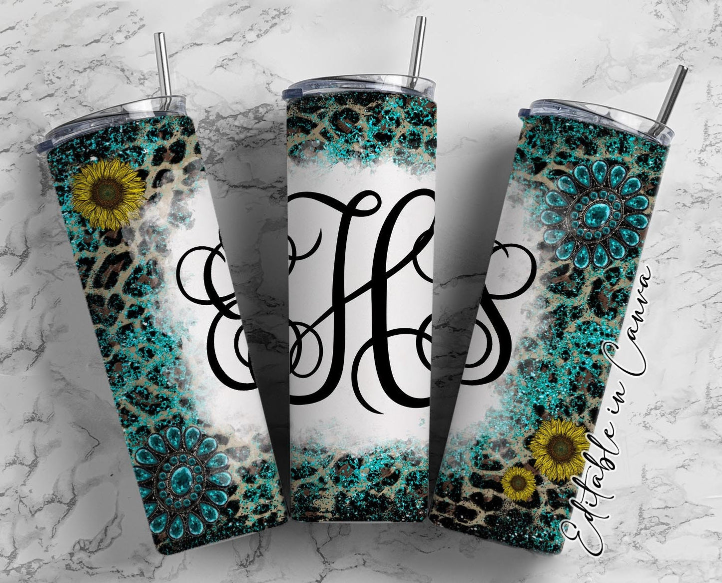 EDITABLE Cheetah Teal Monogram 20oz Straight Tumbler Wrap Designs, Make Your Own Custom Peronalized Design, Western Easy Canva Tempalte