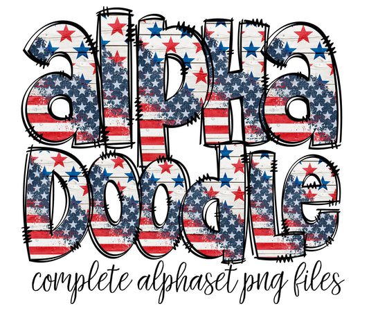 Rustic Flag Alphabet Letters PNG Bundle, Patriotic USA Flag Doodle Letters, Hand Drawn Alphabet Doodle, Sublimation Alpha Set Designs PNG