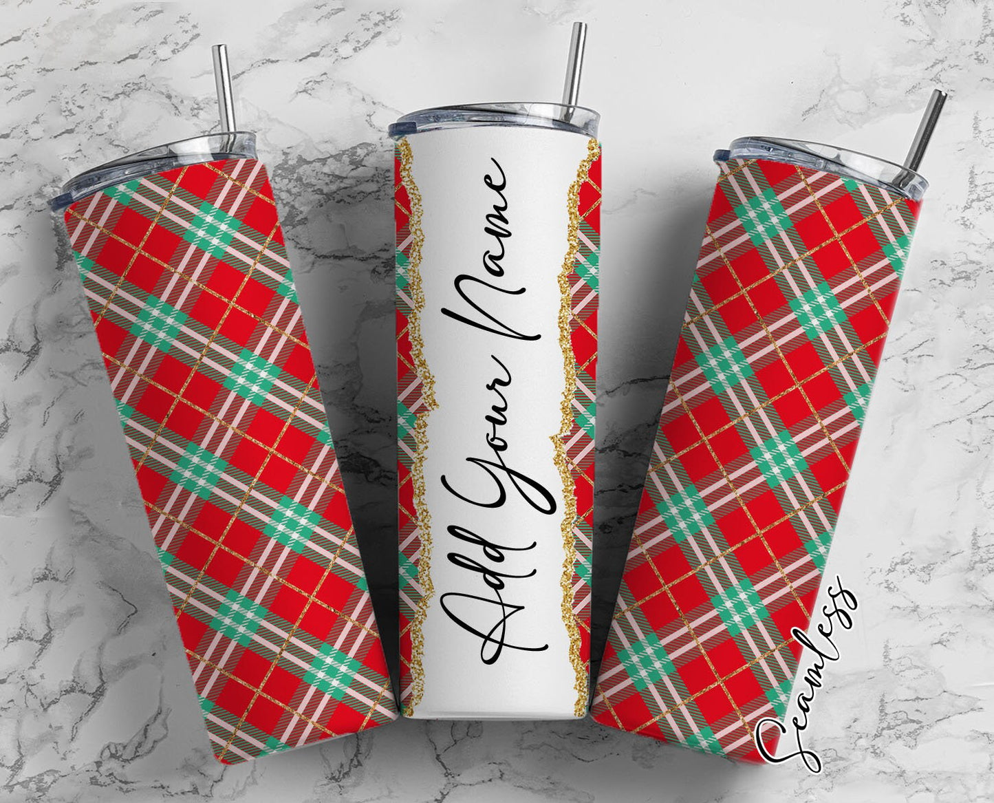 Red Plaid Add Your Own Name, 20oz Sublimation Tumbler Designs, Skinny Tumbler Wraps Template - 91