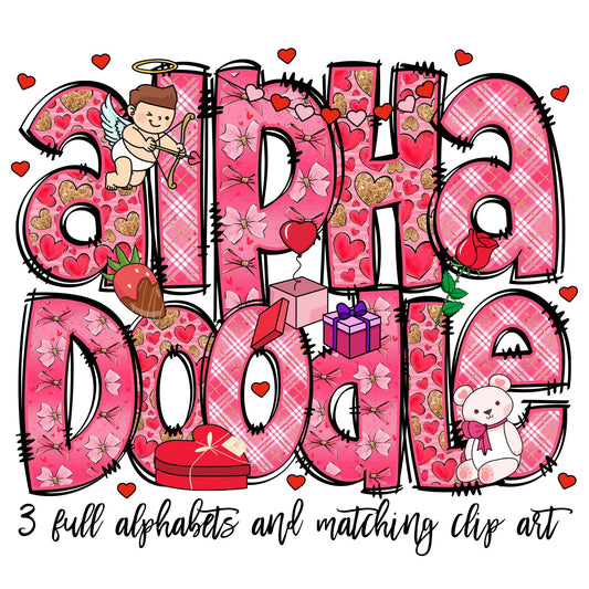 Valentines Doodle letters with Clip Art PNG Files, Make your own Name, Doodle Alpha Bundle, Valentines Day Clipart Alphabet Doodle Set PNG