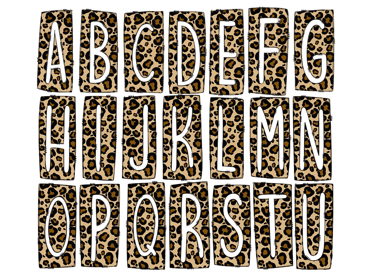 Leopard Print Cheetah Box Doodle Letters, Western Hand Drawn Doodle Alphabet Set, Sublimation Designs PNG - 13 PATTERN