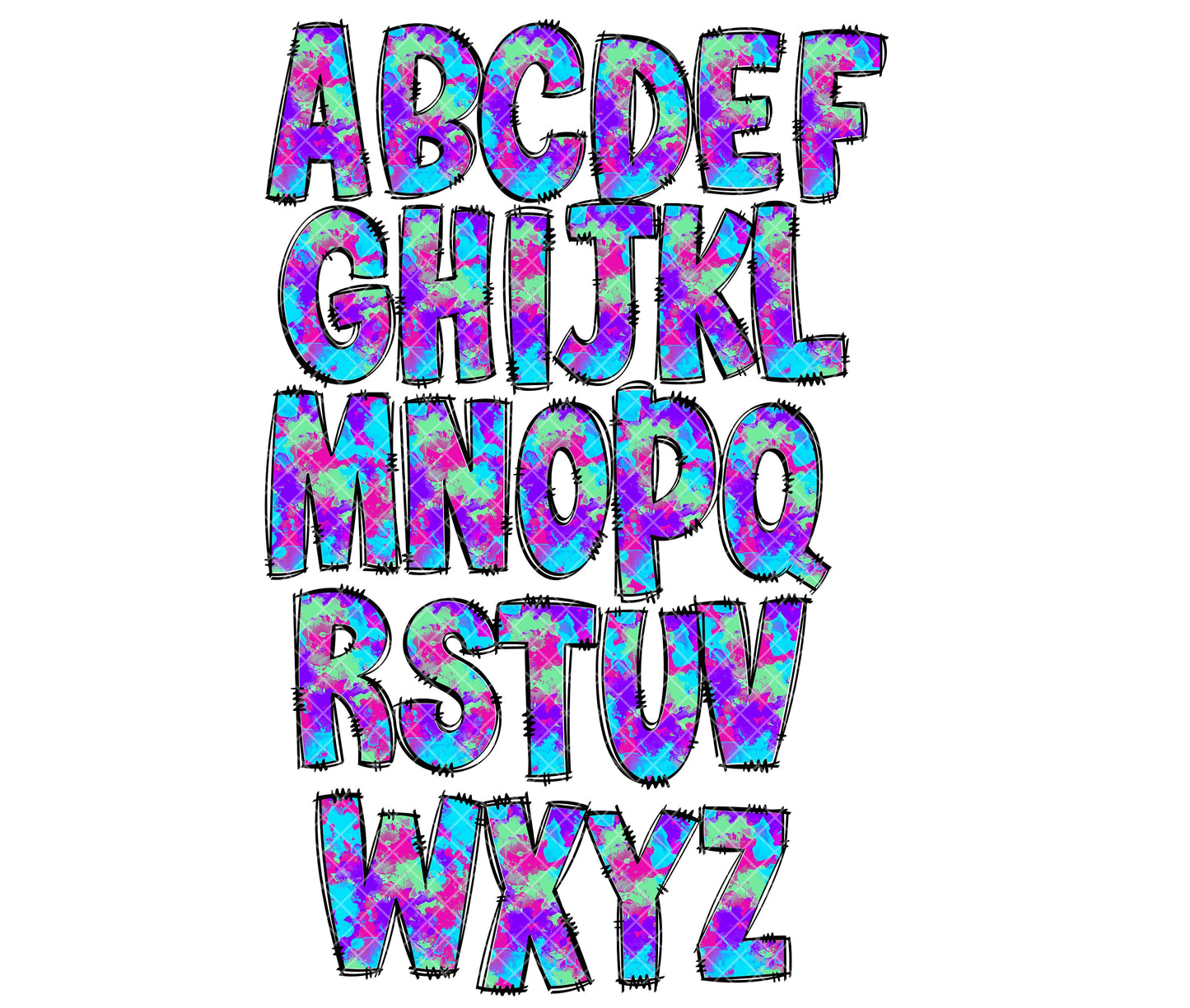 Bright Neon Purple Turquoise Doodle letters, Hand Drawn Doodle Alpha Bundle, Sublimation Font PNG, Patterned Numbers & Alphabet, 65 PATTERN