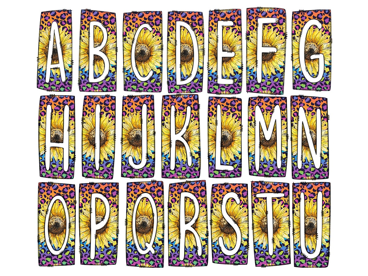 Neon Sunflower Leopard Box Doodle Letters, Western Hand Drawn Doodle Alphabet Set, Sublimation Designs PNG - 1 PATTERN