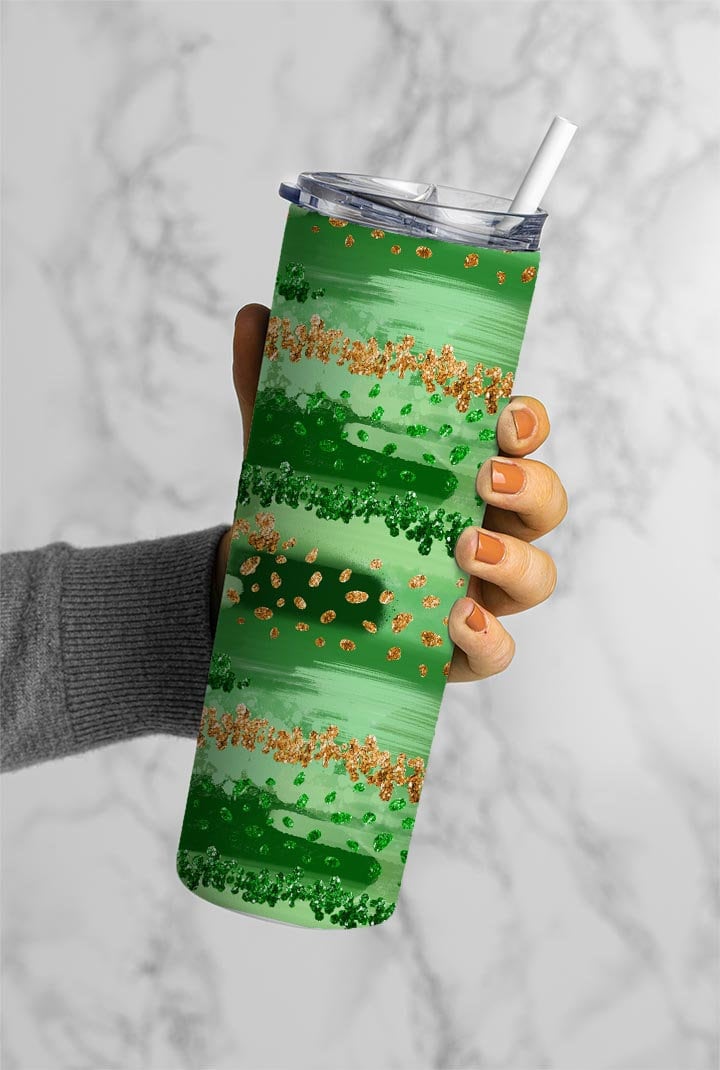 Green And Gold Watercolor 20oz Tumbler Wrap, Seamless Skinny Tumbler, Sublimation Design PNG - 896