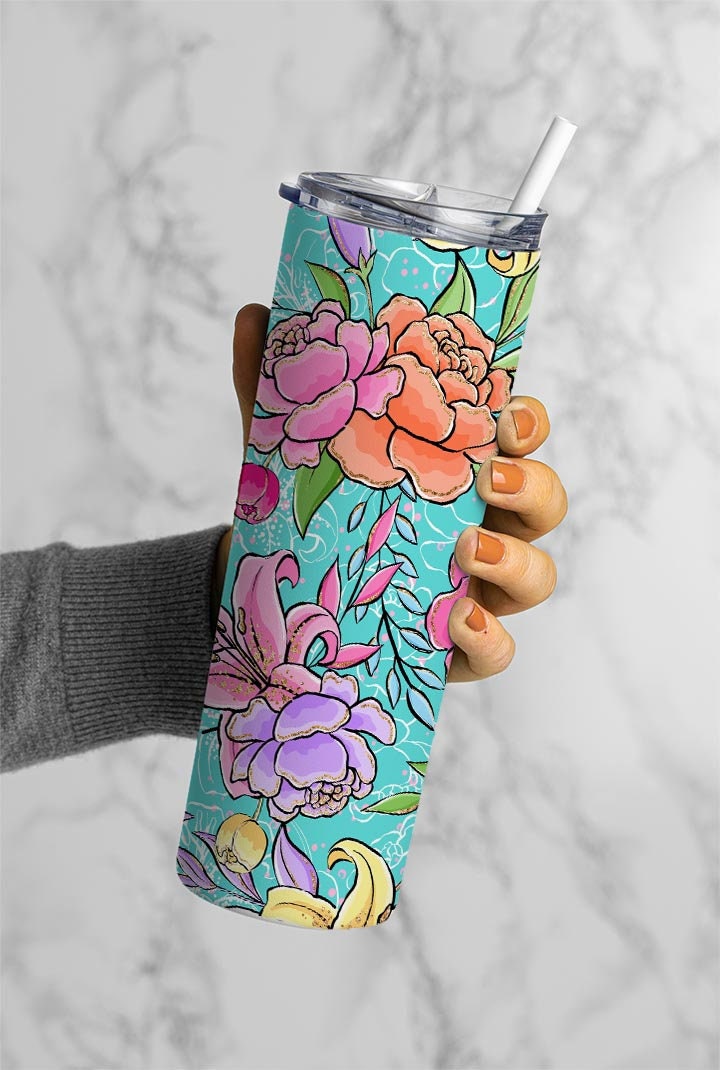 Botanical Flowers, Floral Design 20oz Tumbler Wrap, Seamless Skinny Tumbler, Sublimation Design PNG - 1307