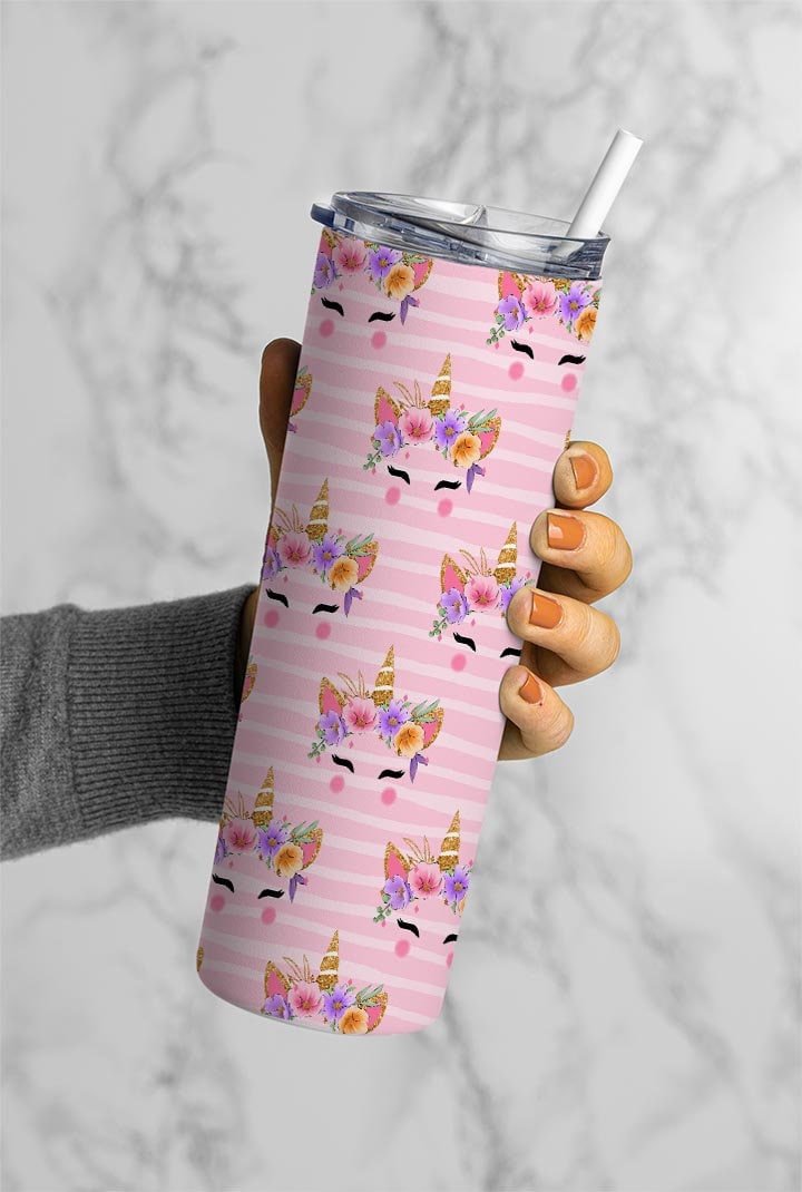 Cute Unicorn Pattern, Pink Stripes Background 20oz Tumbler Wrap, Seamless Skinny Tumbler, Sublimation Design PNG - 834