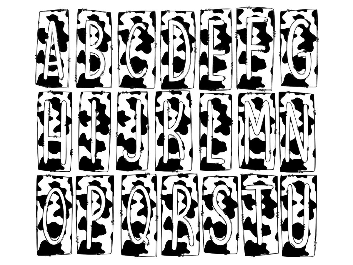 Cowhide Rustic Cow Print Box Doodle Letters, Western Hand Drawn Doodle Alphabet Set, Sublimation Designs PNG - 16 PATTERN